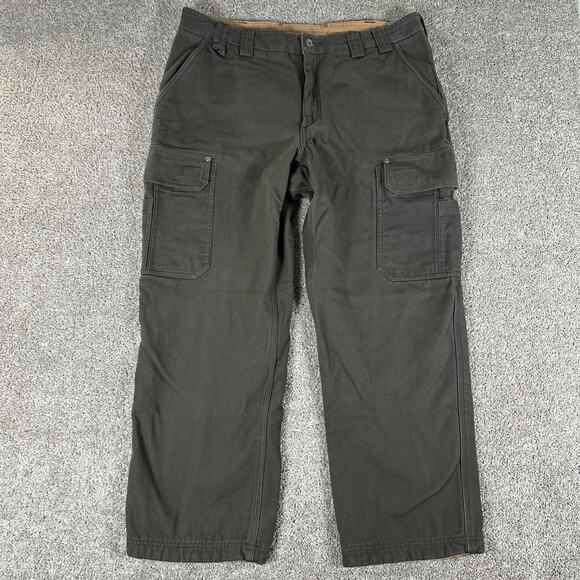 Duluth Trading Co Pants Men 40x30 Moss Green Fleece Lined Canvas Cargo Workwear - Picture 1 of 10